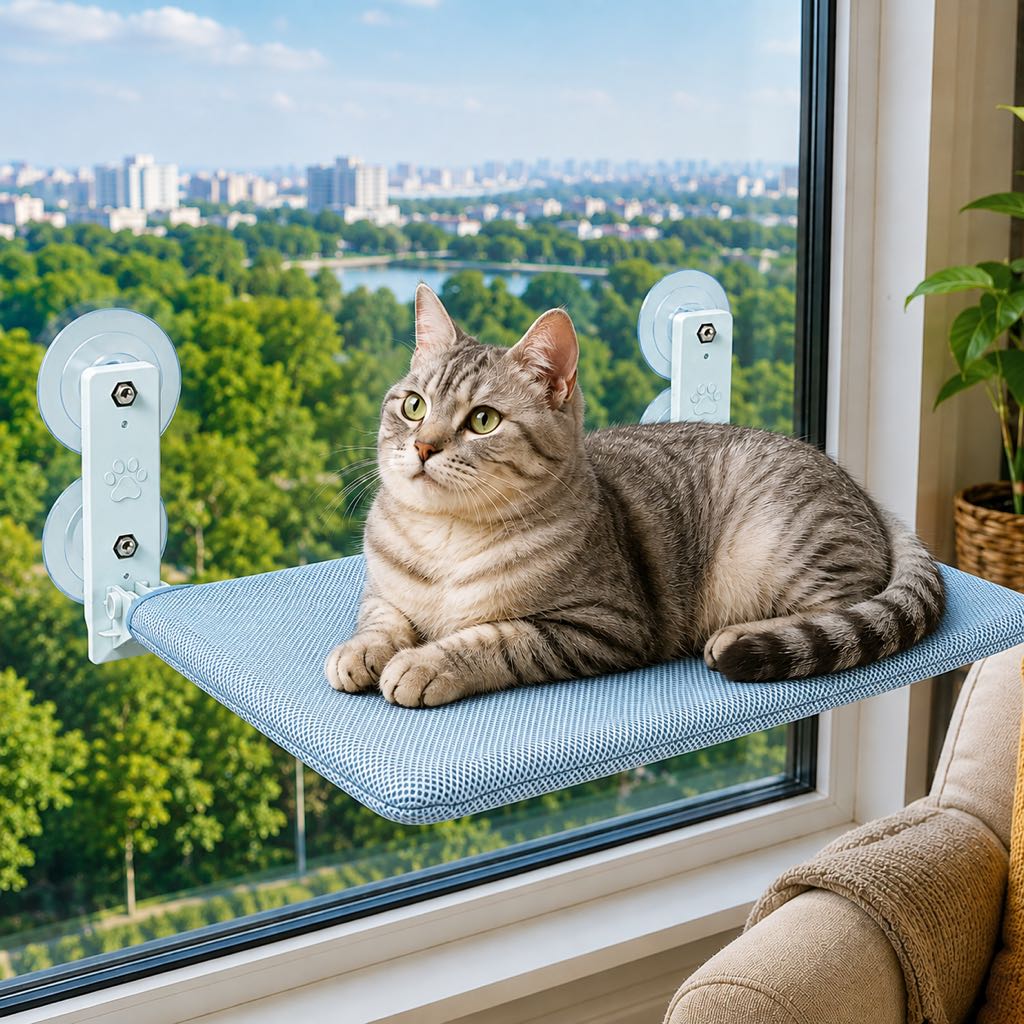 Malloren Foldable Cat Window Hammock for Apartments - No-Drill Suction Perch for Sunny Naps Without Taking Up Floor Space