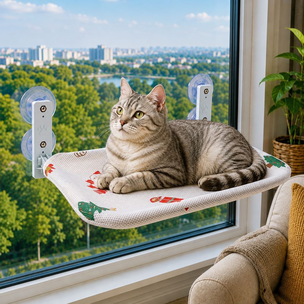 Malloren Foldable Cat Window Hammock for Apartments - No-Drill Suction Perch for Sunny Naps Without Taking Up Floor Space