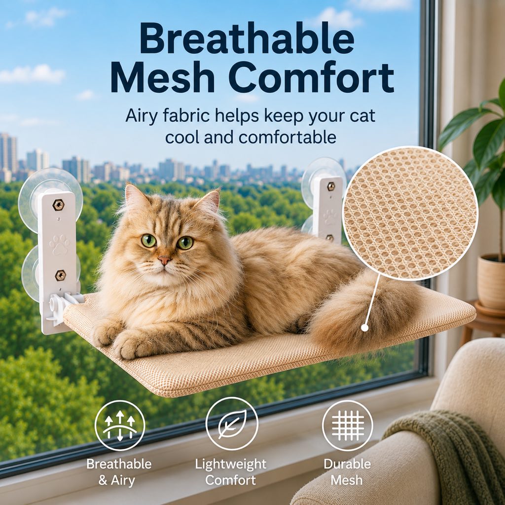 Malloren Foldable Cat Window Hammock for Apartments - No-Drill Suction Perch for Sunny Naps Without Taking Up Floor Space