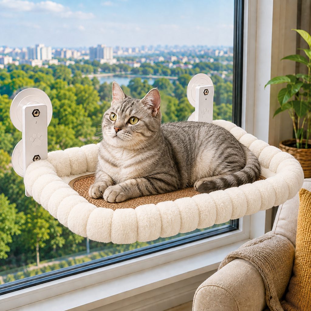 Malloren Foldable Cat Window Hammock for Apartments - No-Drill Suction Perch for Sunny Naps Without Taking Up Floor Space
