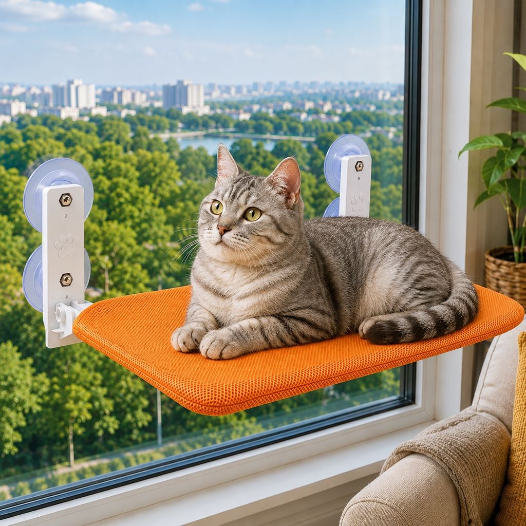 Malloren Foldable Cat Window Hammock for Apartments - No-Drill Suction Perch for Sunny Naps Without Taking Up Floor Space