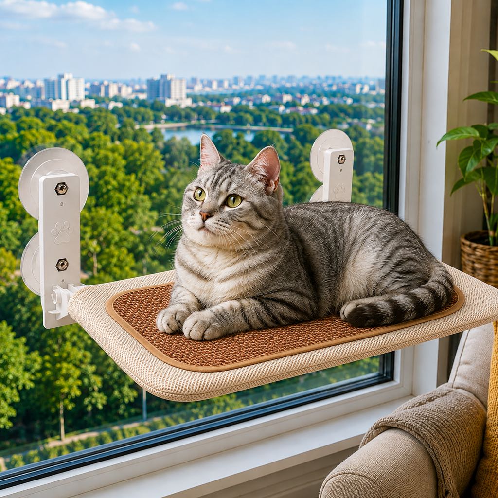 Malloren Foldable Cat Window Hammock for Apartments - No-Drill Suction Perch for Sunny Naps Without Taking Up Floor Space