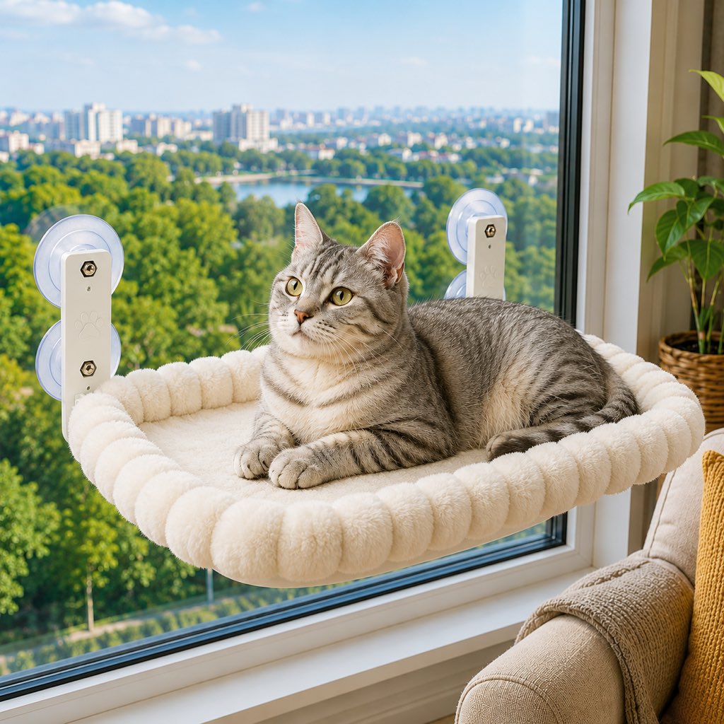 Malloren Foldable Cat Window Hammock for Apartments - No-Drill Suction Perch for Sunny Naps Without Taking Up Floor Space