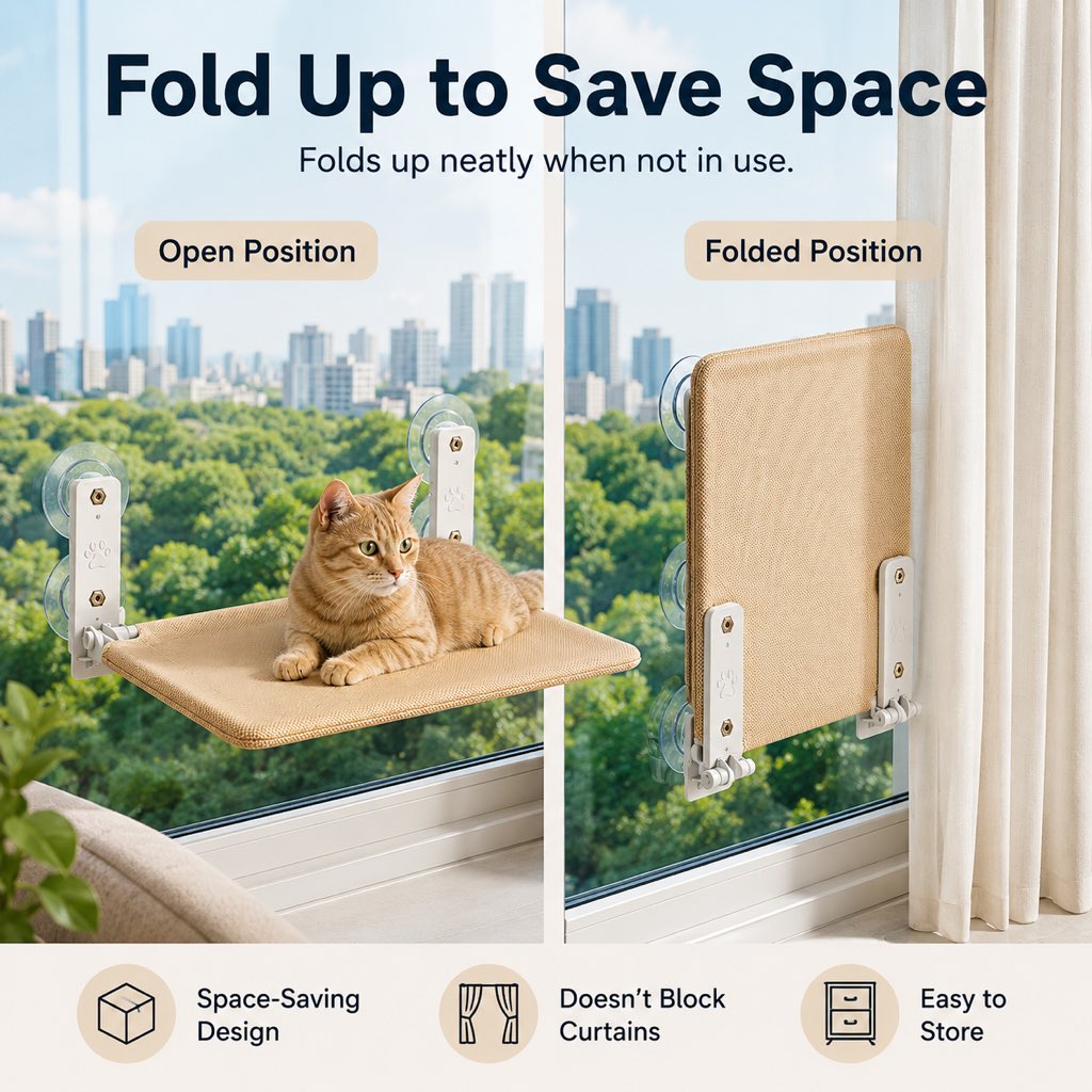 Malloren Foldable Cat Window Hammock for Apartments - No-Drill Suction Perch for Sunny Naps Without Taking Up Floor Space
