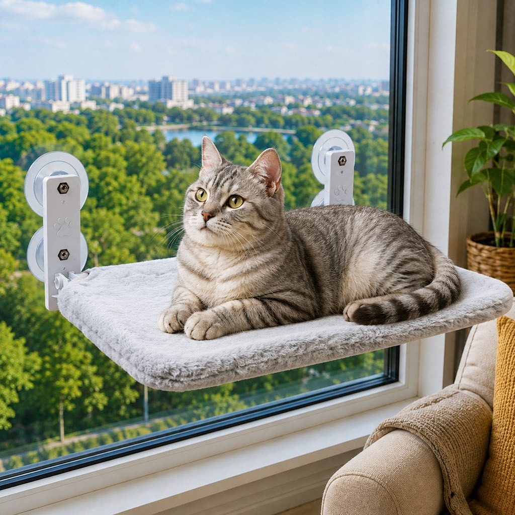 Malloren Foldable Cat Window Hammock for Apartments - No-Drill Suction Perch for Sunny Naps Without Taking Up Floor Space