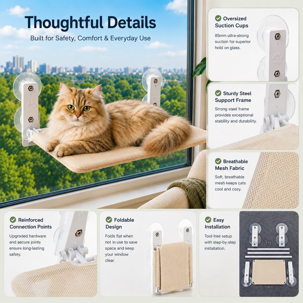Malloren Foldable Cat Window Hammock for Apartments - No-Drill Suction Perch for Sunny Naps Without Taking Up Floor Space