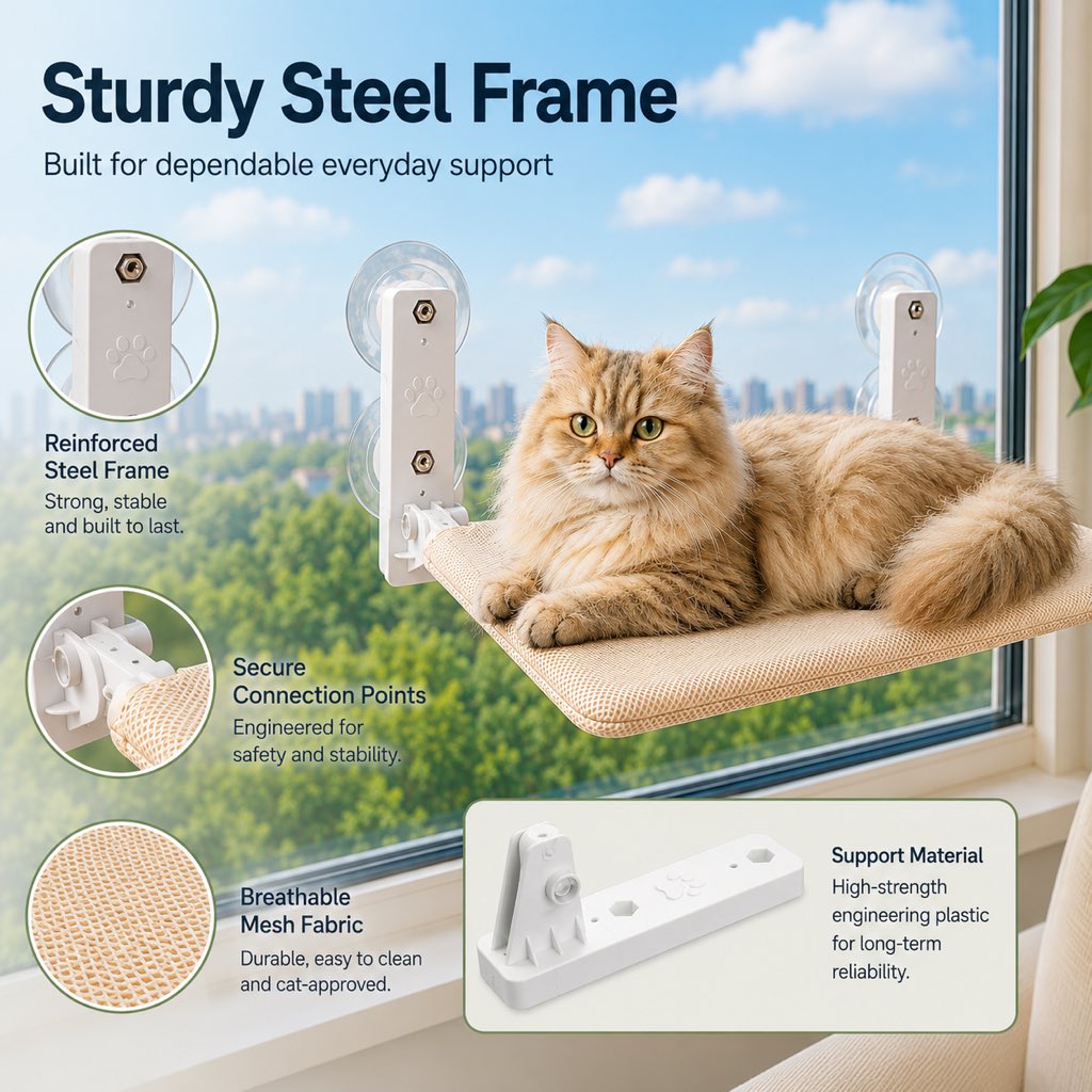 Malloren Foldable Cat Window Hammock for Apartments - No-Drill Suction Perch for Sunny Naps Without Taking Up Floor Space