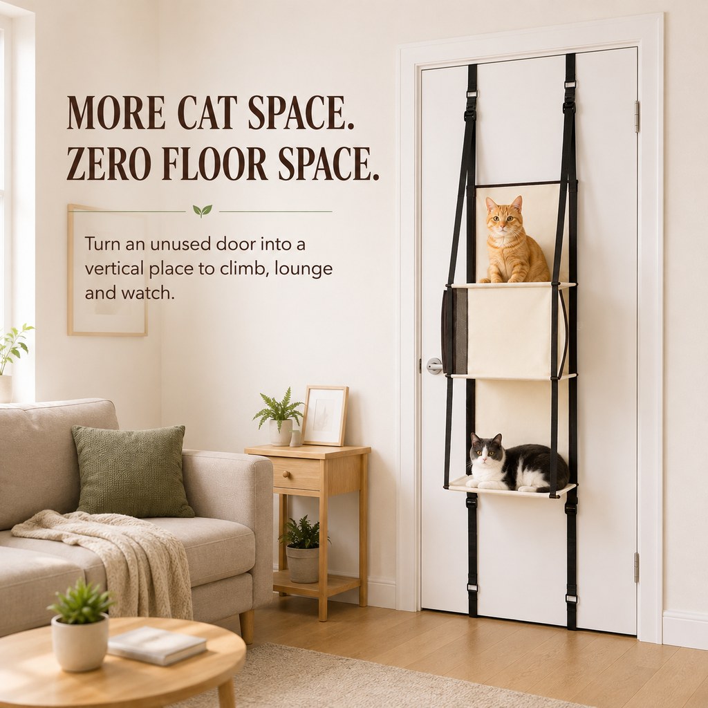 Malloren 3-Tier Door-Mounted Hanging Cat Tree for Apartments – Foldable Space-Saving Cat Climber & Lounge