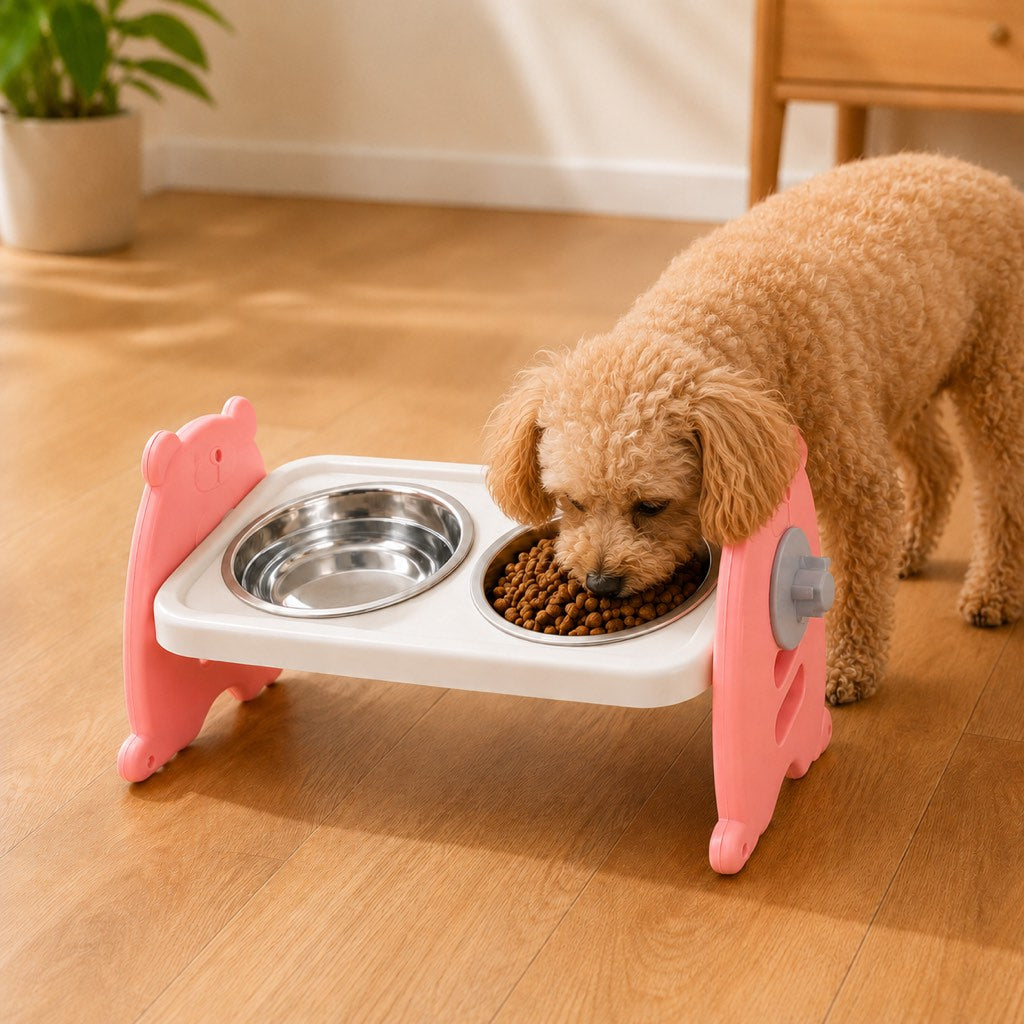 Malloren Adjustable Elevated Stainless Steel Pet Bowls for Cats & Small Dogs - Tilted Feeding Station for Easier Mealtime & Less Floor Mess