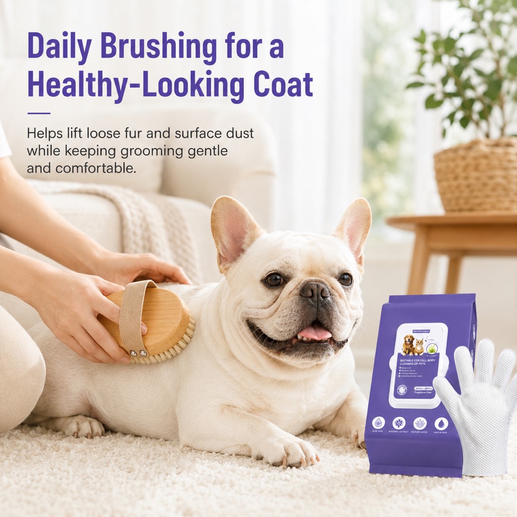 Malloren Frenchie Daily Grooming Kit for After-Walk & Between-Bath Care - Boar Bristle Brush + Rinse-Free Cleaning Gloves
