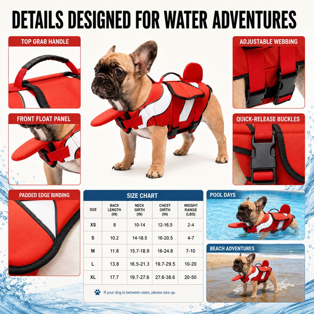 Malloren French Bulldog Life Jacket for Pool, Beach & Boating - Adjustable Flotation Vest with Chin Support & Grab Handle