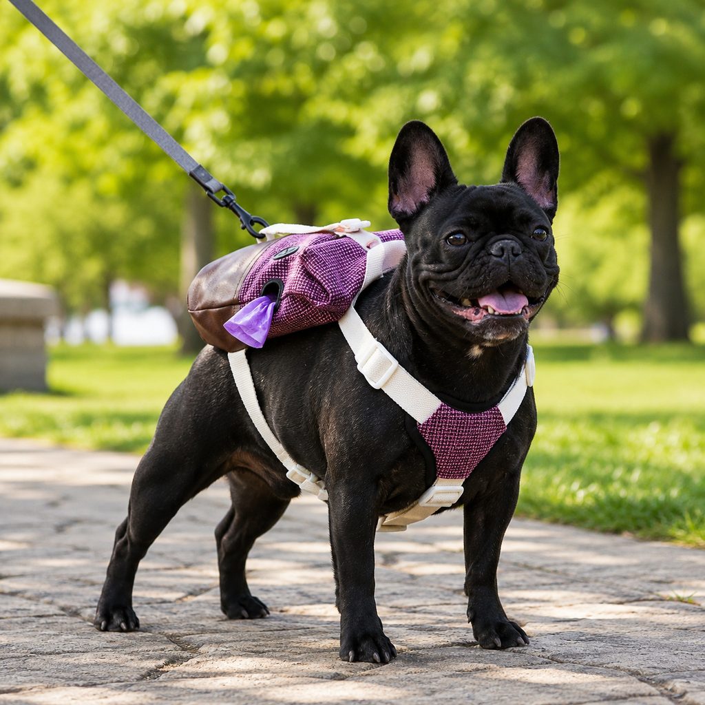 Malloren Frenchie Adventure Backpack Harness for Daily Walks - Carry Poop Bags, Treats & Keys Without Neck Pulling