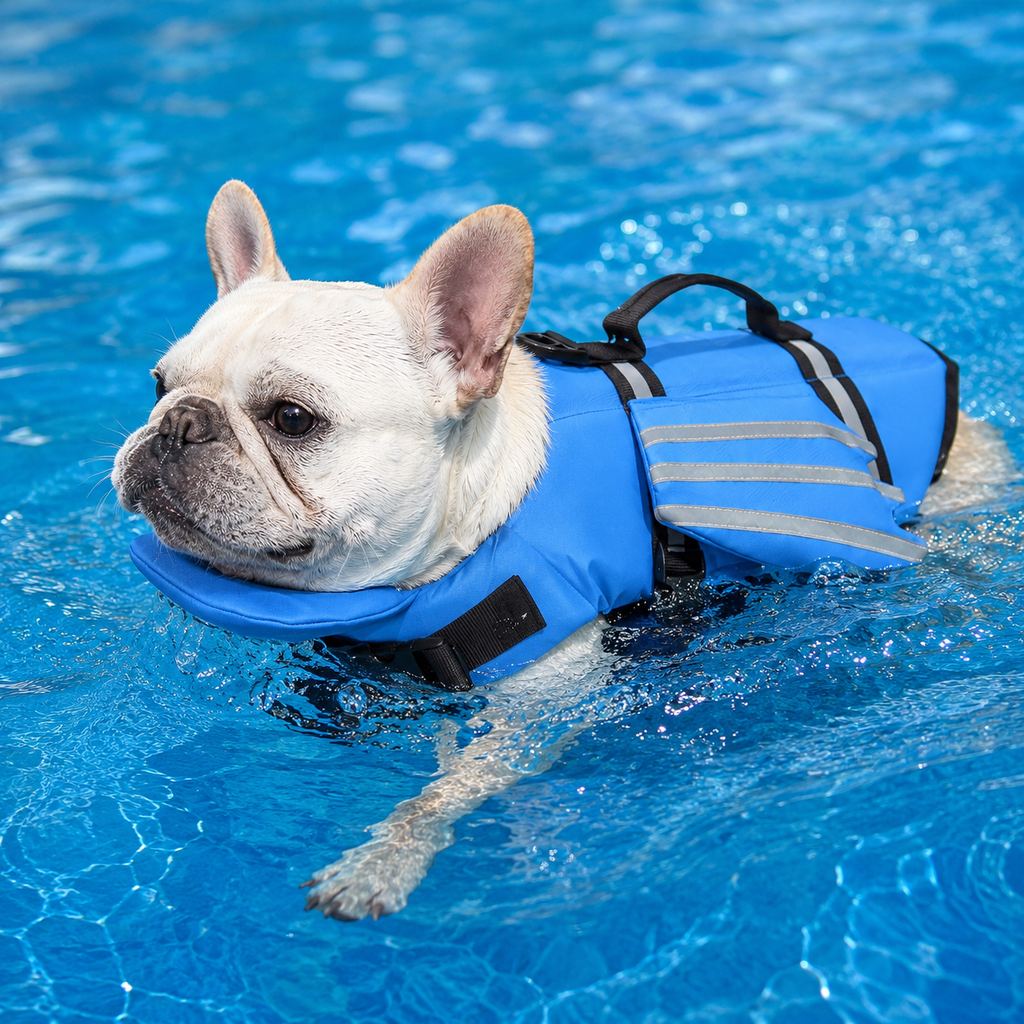 Malloren French Bulldog Pool & Beach Reflective Angel-Wing Dog Life Jacket - Chin Float Support for Flat-Faced Dogs