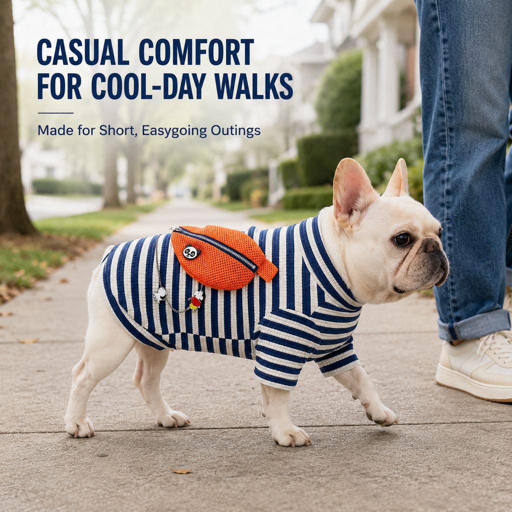 Malloren French Bulldog Striped Pocket Pullover for Cool Indoor Spaces & Easy Walks - Broad-Chest Sizing