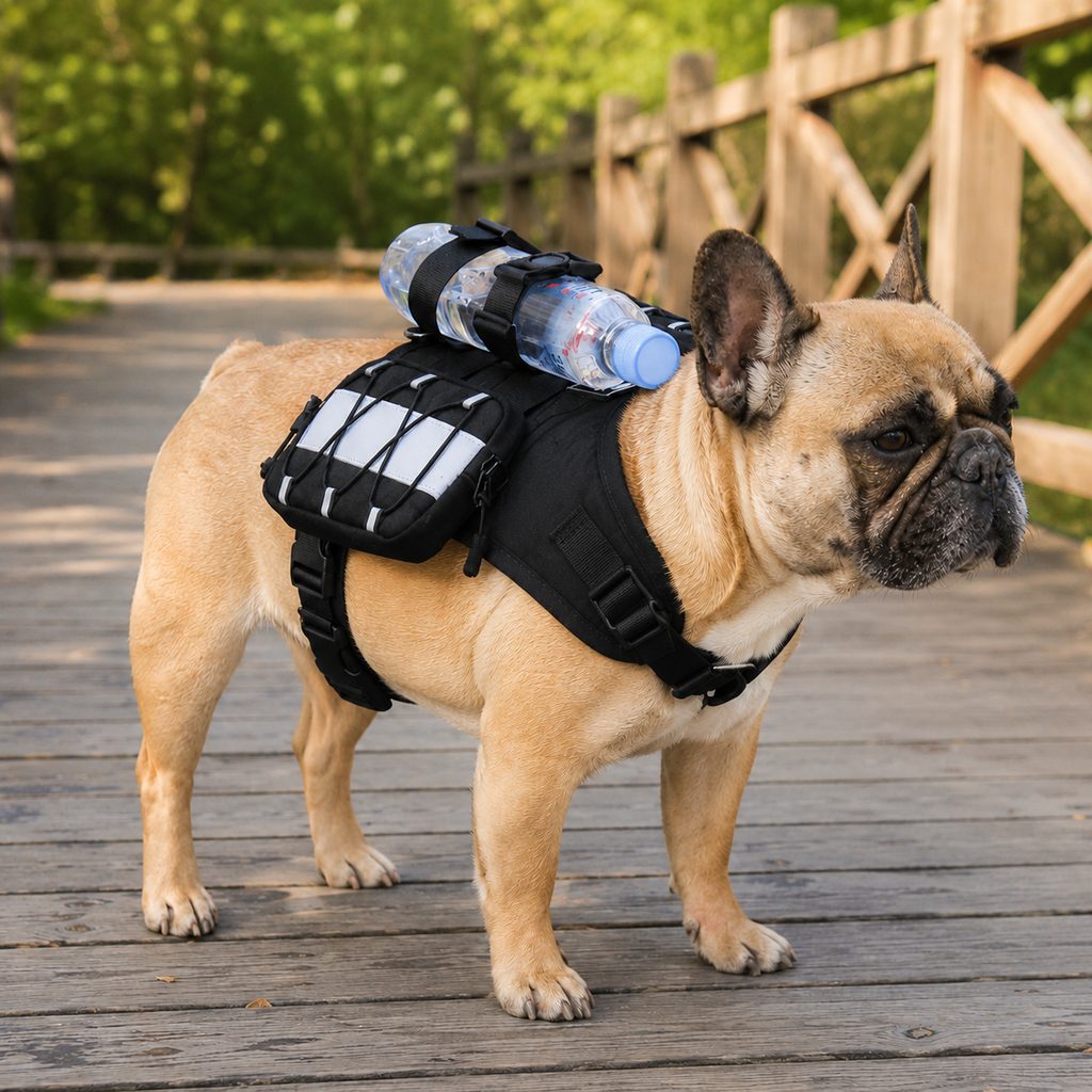 Malloren Frenchie Tactical Dog Vest Backpack for Daily Walks - Reflective Small Dog Harness with Water Bottle Holder & Side Pockets