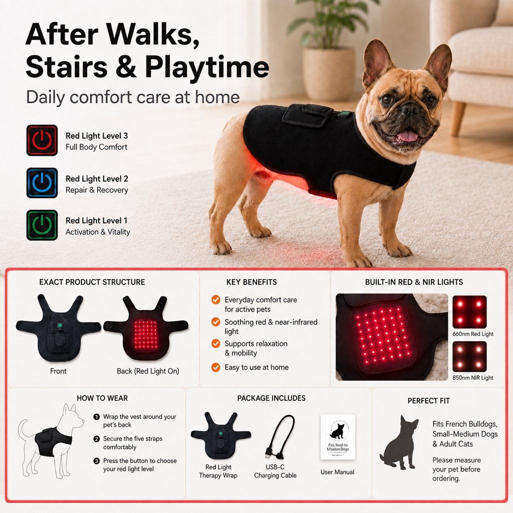 Malloren FrenchieGlow Red Light Comfort Vest for French Bulldogs - USB-Powered or Built-In Battery At-Home Back, Belly & Hip Comfort After Walks, Stairs & Playtime