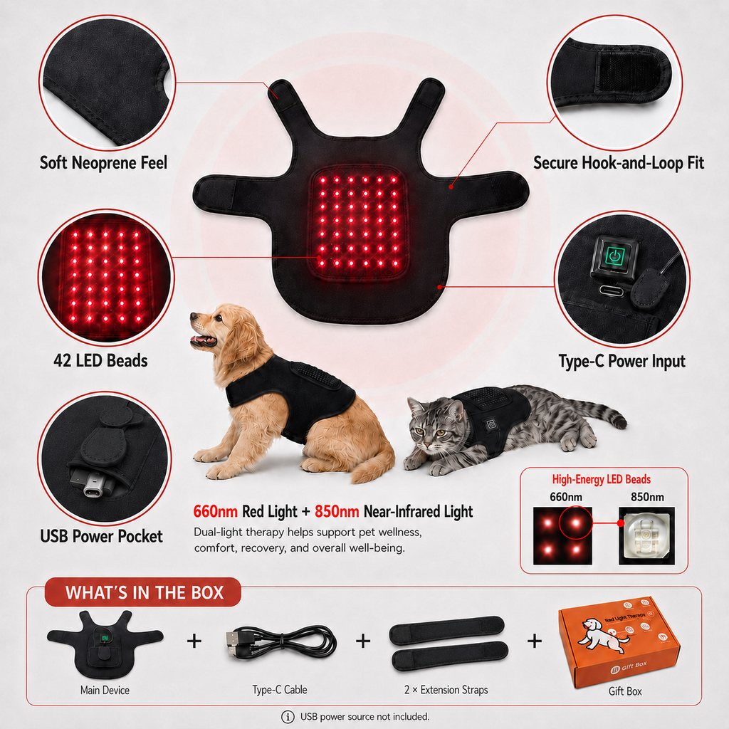 Malloren FrenchieGlow Red Light Comfort Vest for French Bulldogs - USB-Powered or Built-In Battery At-Home Back, Belly & Hip Comfort After Walks, Stairs & Playtime