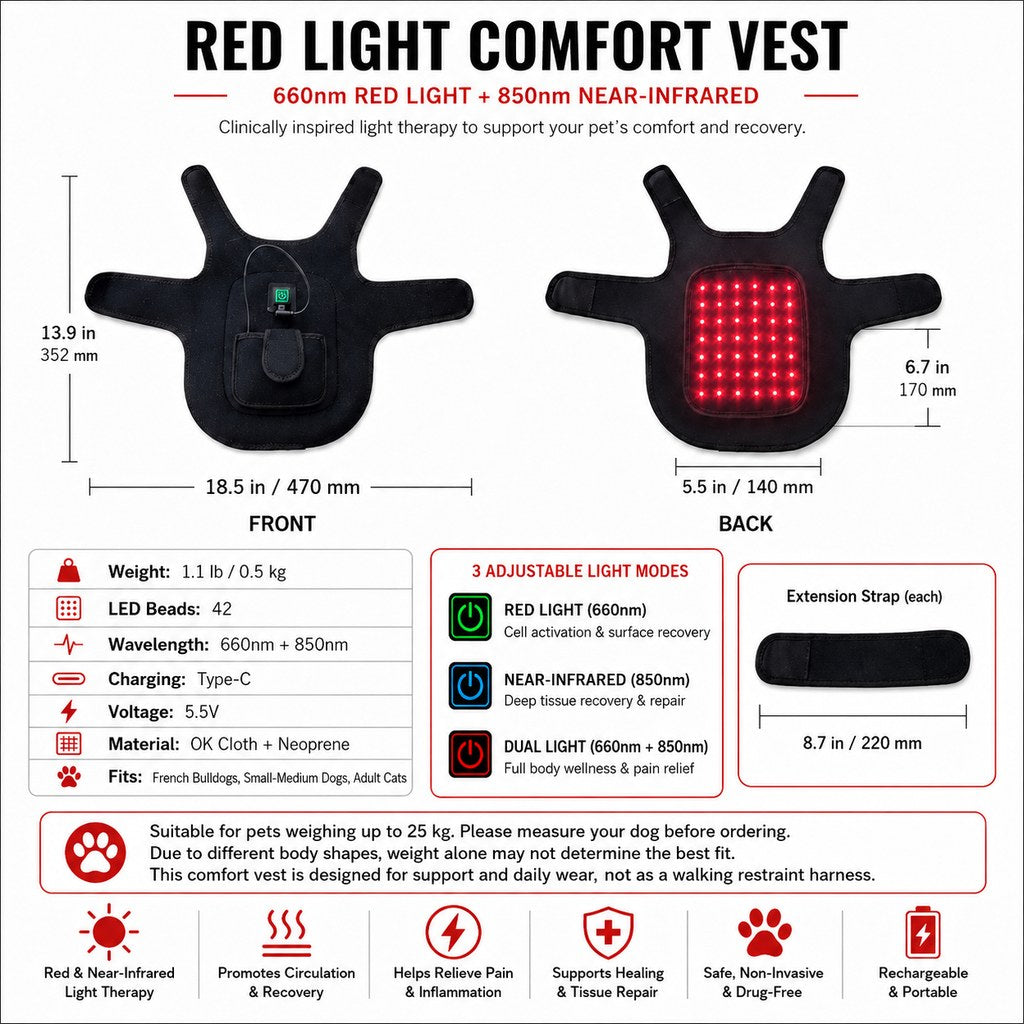Malloren FrenchieGlow Red Light Comfort Vest for French Bulldogs - USB-Powered or Built-In Battery At-Home Back, Belly & Hip Comfort After Walks, Stairs & Playtime
