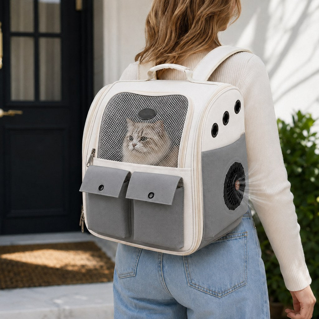 Malloren USB-Powered Dual-Fan Cat Carrier Backpack for Vet Visits & Everyday Travel - Fan-Assisted Cooling for Less-Stuffy Trips