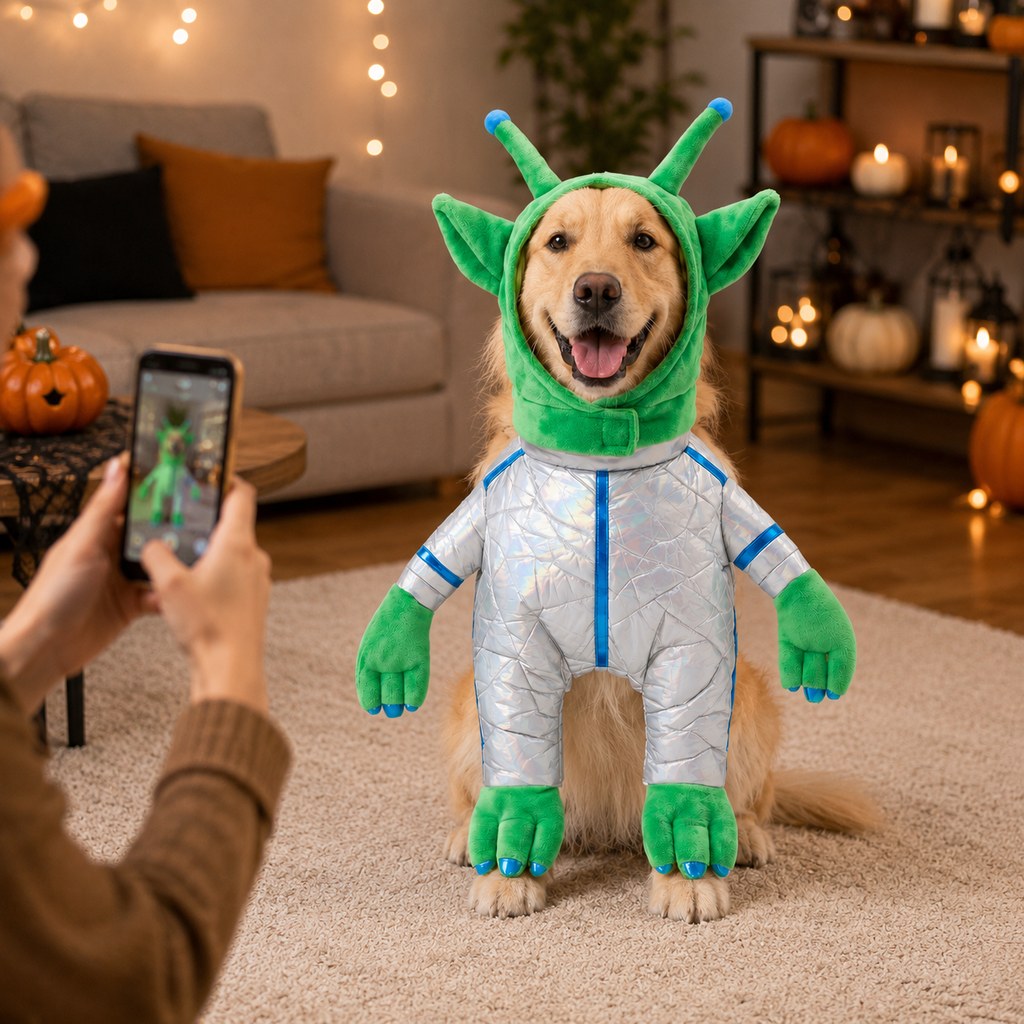 Malloren Green Alien Pet Costume for Dogs & Cats - Funny Halloween Transformation Outfit for Pet Parties, Photoshoots & Costume Events