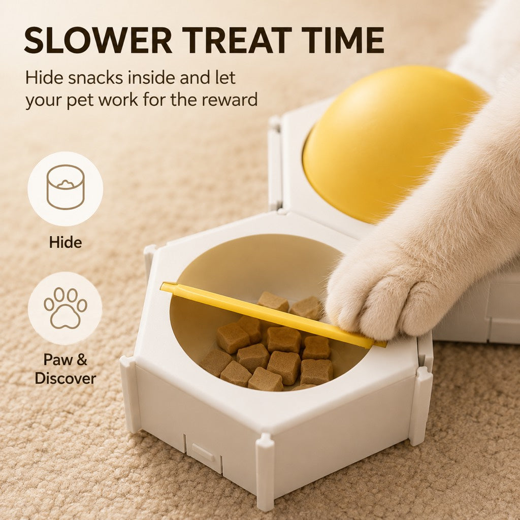 Malloren Modular Cat Puzzle Feeder Toy for Indoor Treat Time - Hexagon Slow Feeder Enrichment Game to Keep Bored Cats Busy