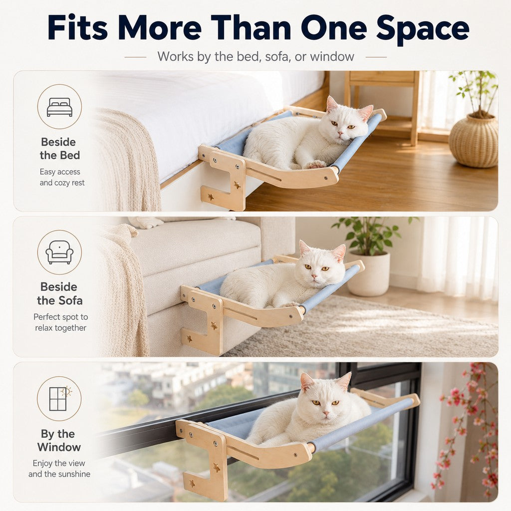 Malloren Bedside Hanging Cat Hammock Bed - Space-Saving Elevated Cat Lounge for Beds, Sofas & Windows