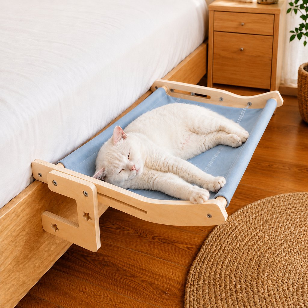Malloren Bedside Hanging Cat Hammock Bed - Space-Saving Elevated Cat Lounge for Beds, Sofas & Windows