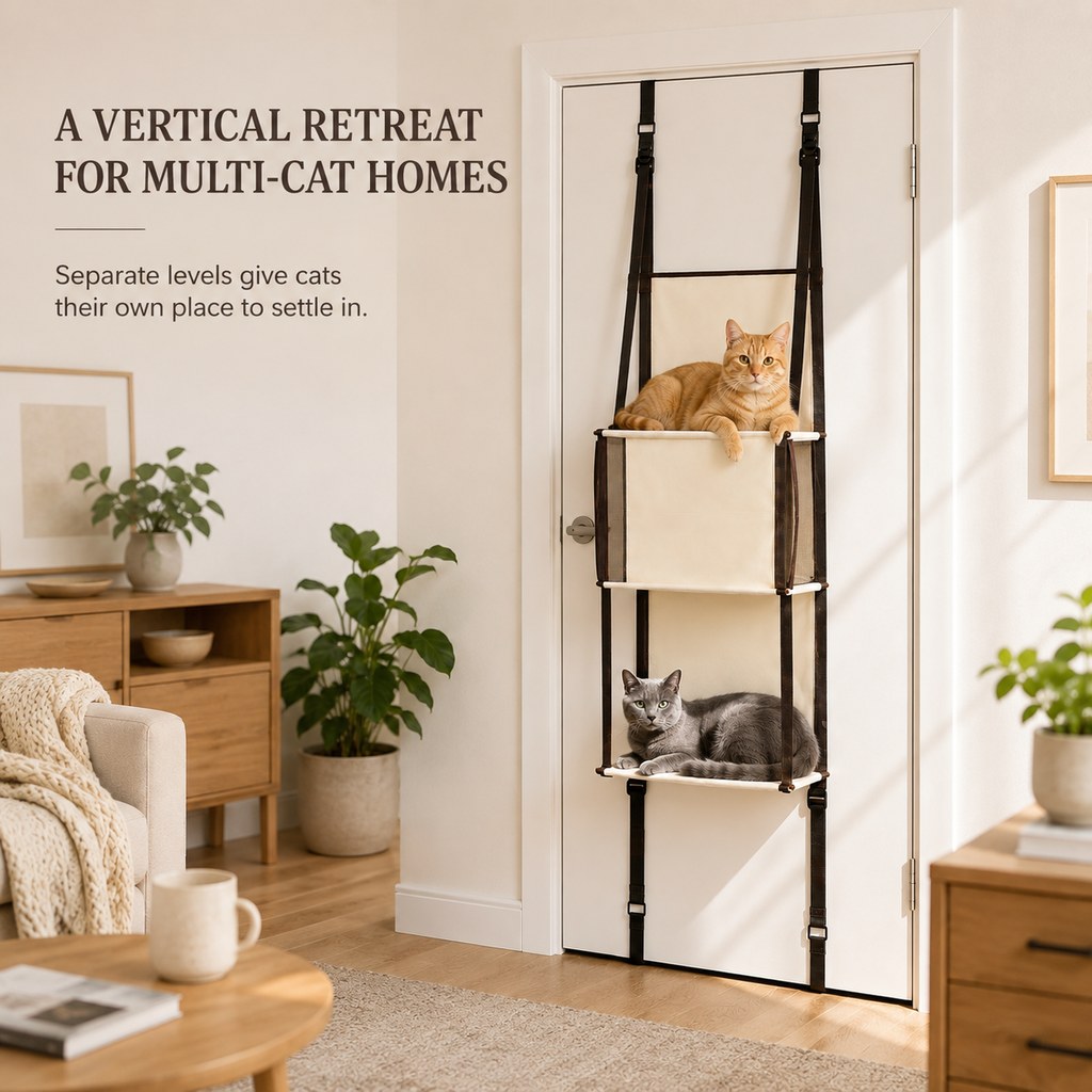 Malloren 3-Tier Door-Mounted Hanging Cat Tree for Apartments – Foldable Space-Saving Cat Climber & Lounge