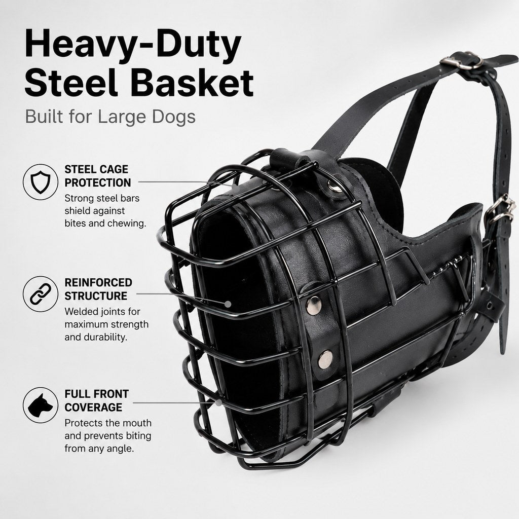 Malloren Heavy-Duty Black Steel Basket Dog Muzzle for Large Dogs - Safer Walks, Vet Visits & Anti-Scavenging Control