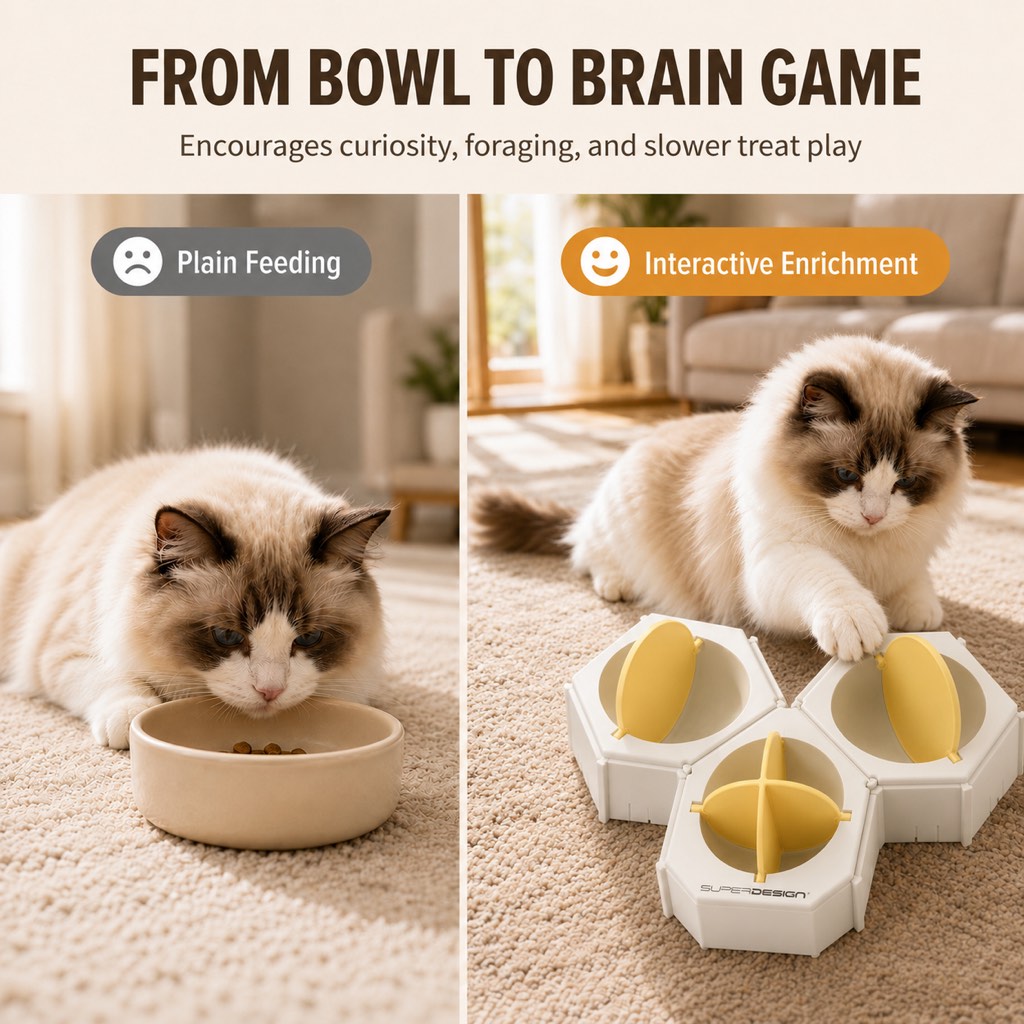 Malloren Modular Cat Puzzle Feeder Toy for Indoor Treat Time - Hexagon Slow Feeder Enrichment Game to Keep Bored Cats Busy