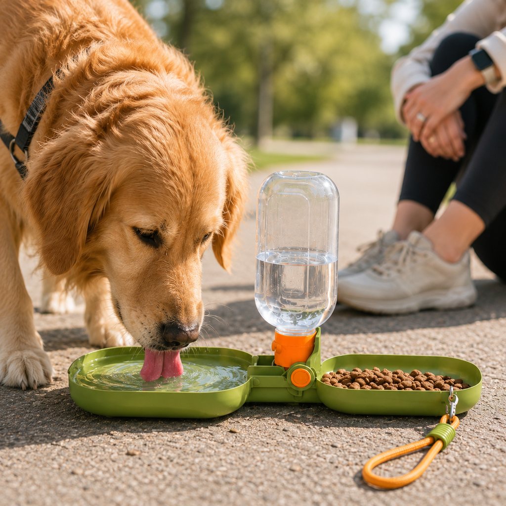 Malloren Portable Folding Pet Water & Food Cup for Walks & Hiking - 15.6 oz Leak-Resistant Dog & Cat Travel Bottle Bowl