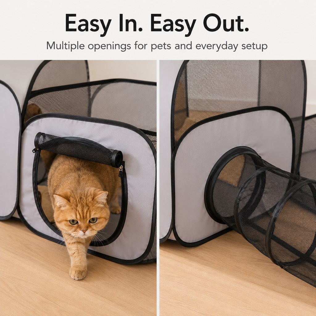 Malloren Indoor Cat Playpen with Tunnel & Resting Tent for Safe Home Play - 3-Zone Enclosure for Cats & Kittens