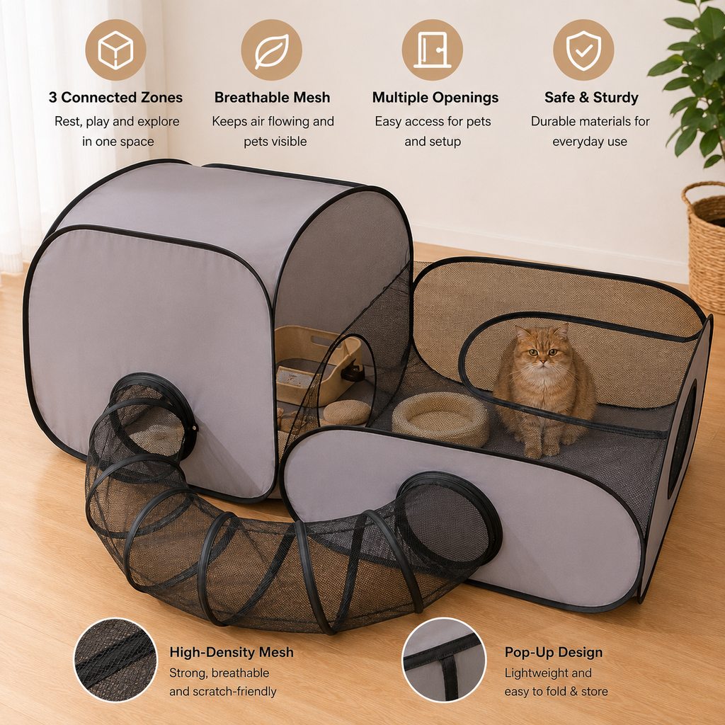 Malloren Indoor Cat Playpen with Tunnel & Resting Tent for Safe Home Play - 3-Zone Enclosure for Cats & Kittens