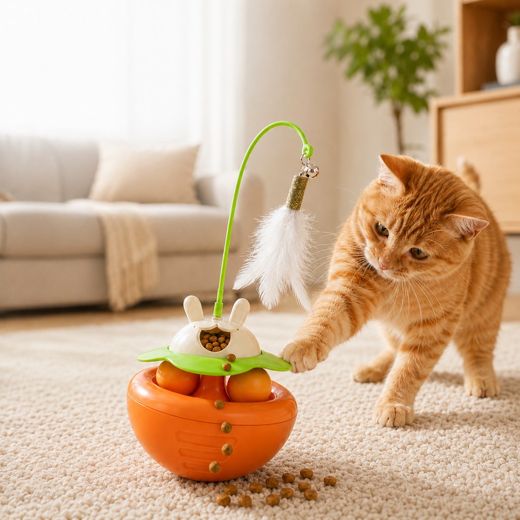 Malloren Interactive Wobble Cat Toy for Indoor Cats - Treat-Dispensing Feather Teaser That Keeps Cats Busy