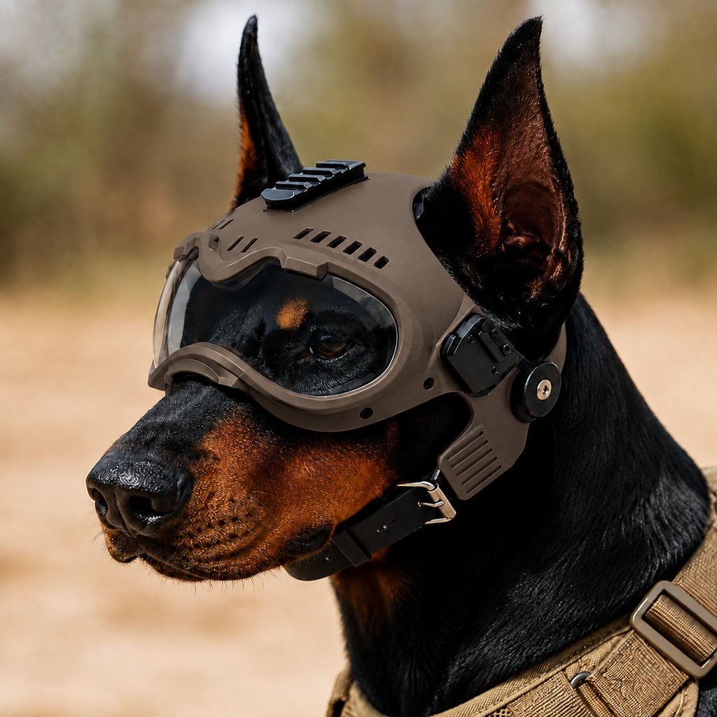 Malloren K9 Tactical-Style Dog Helmet with Goggles for Hiking & Outdoor Training - Helps Shield Eyes from Wind, Dust & Trail Debris