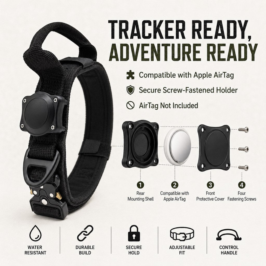 Malloren AirTag-Compatible Tactical Dog Collar with Control Handle - Close Control for Walks, Trails & Busy Areas