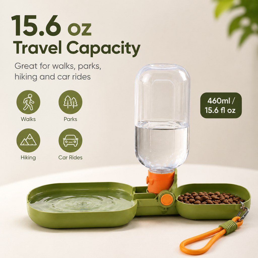 Malloren Portable Folding Pet Water & Food Cup for Walks & Hiking - 15.6 oz Leak-Resistant Dog & Cat Travel Bottle Bowl