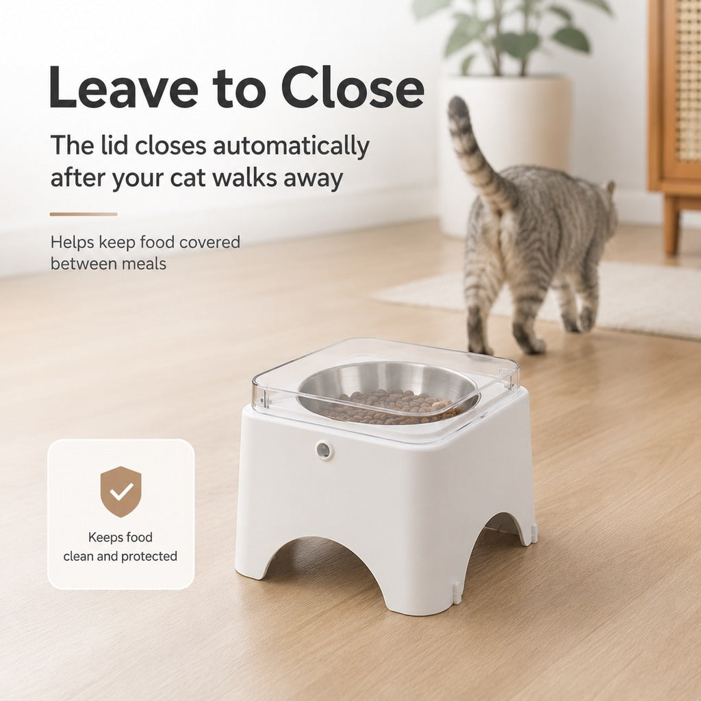Malloren Smart Auto-Opening Covered Cat Bowl for Cleaner Indoor Feeding - Rechargeable Dustproof Cat Feeder
