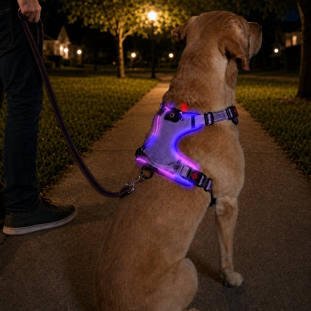 Malloren Rechargeable LED Dog Harness for Night Walks - Back-Panel Glow & Reflective Webbing for Better Low-Light Visibility