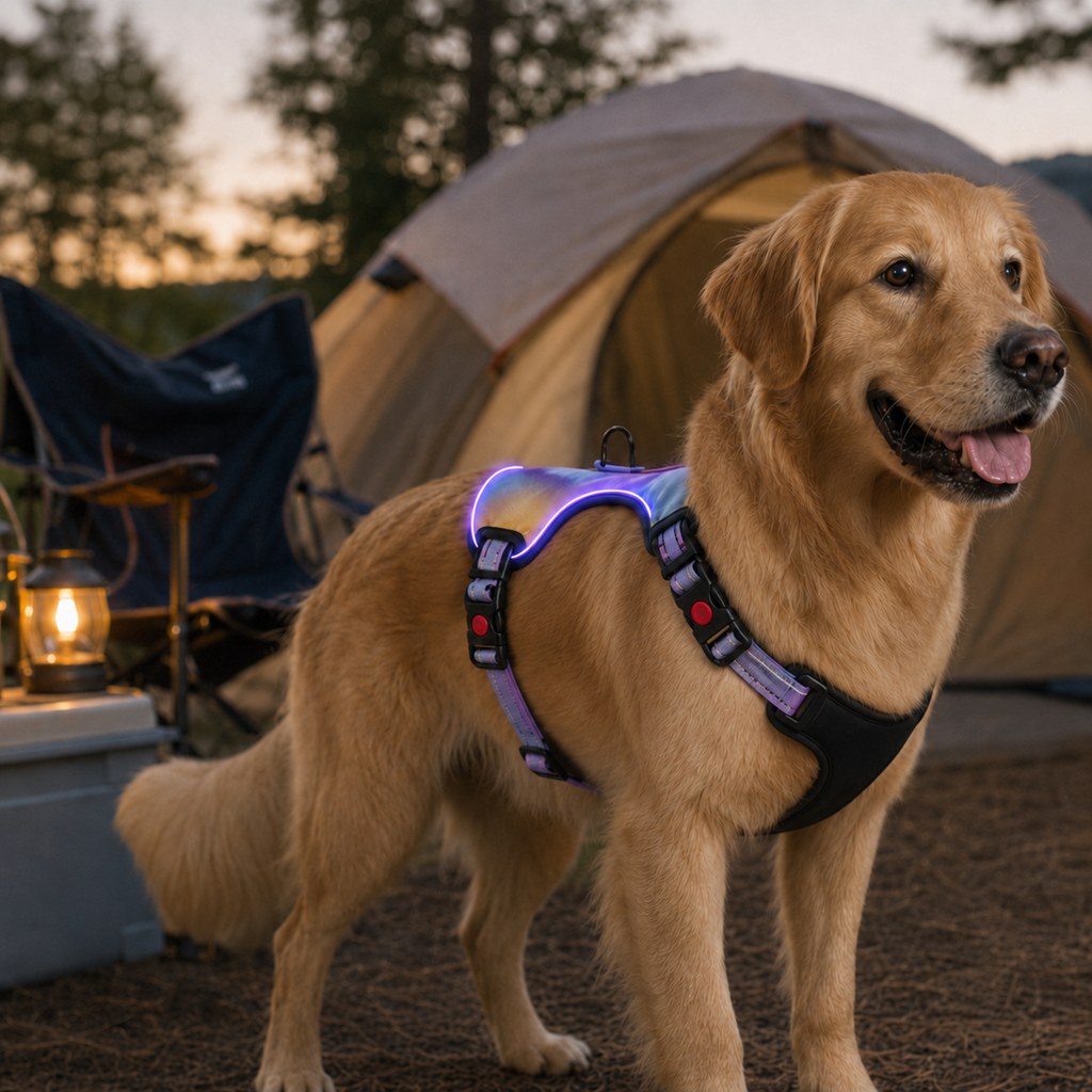 Malloren Rechargeable LED Dog Harness for Night Walks - Back-Panel Glow & Reflective Webbing for Better Low-Light Visibility