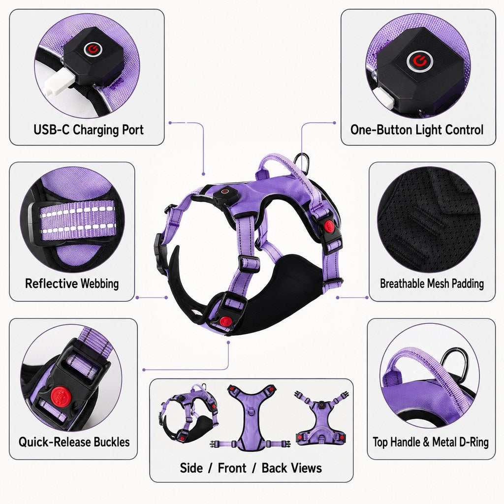 Malloren Rechargeable LED Dog Harness for Night Walks - Back-Panel Glow & Reflective Webbing for Better Low-Light Visibility