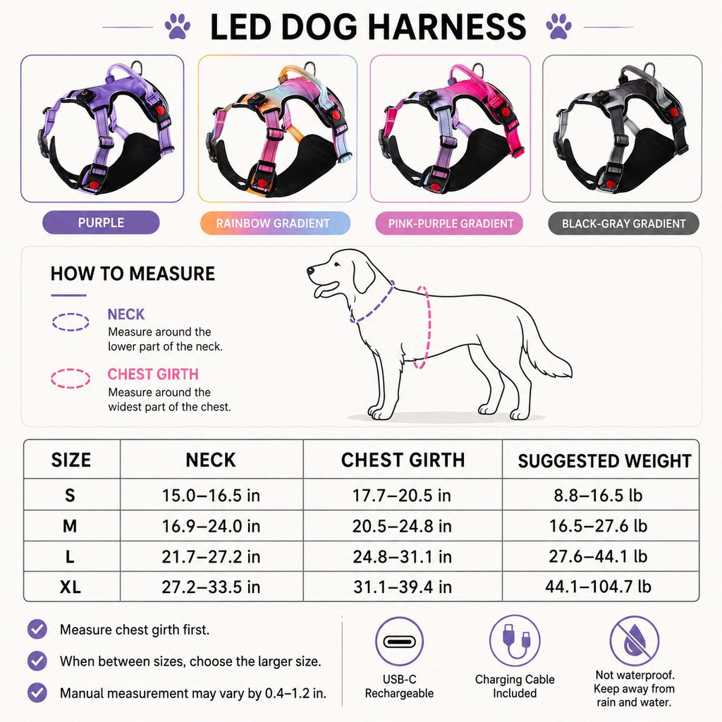 Malloren Rechargeable LED Dog Harness for Night Walks - Back-Panel Glow & Reflective Webbing for Better Low-Light Visibility