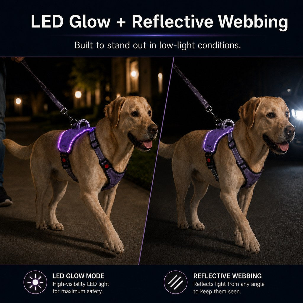 Malloren Rechargeable LED Dog Harness for Night Walks - Back-Panel Glow & Reflective Webbing for Better Low-Light Visibility