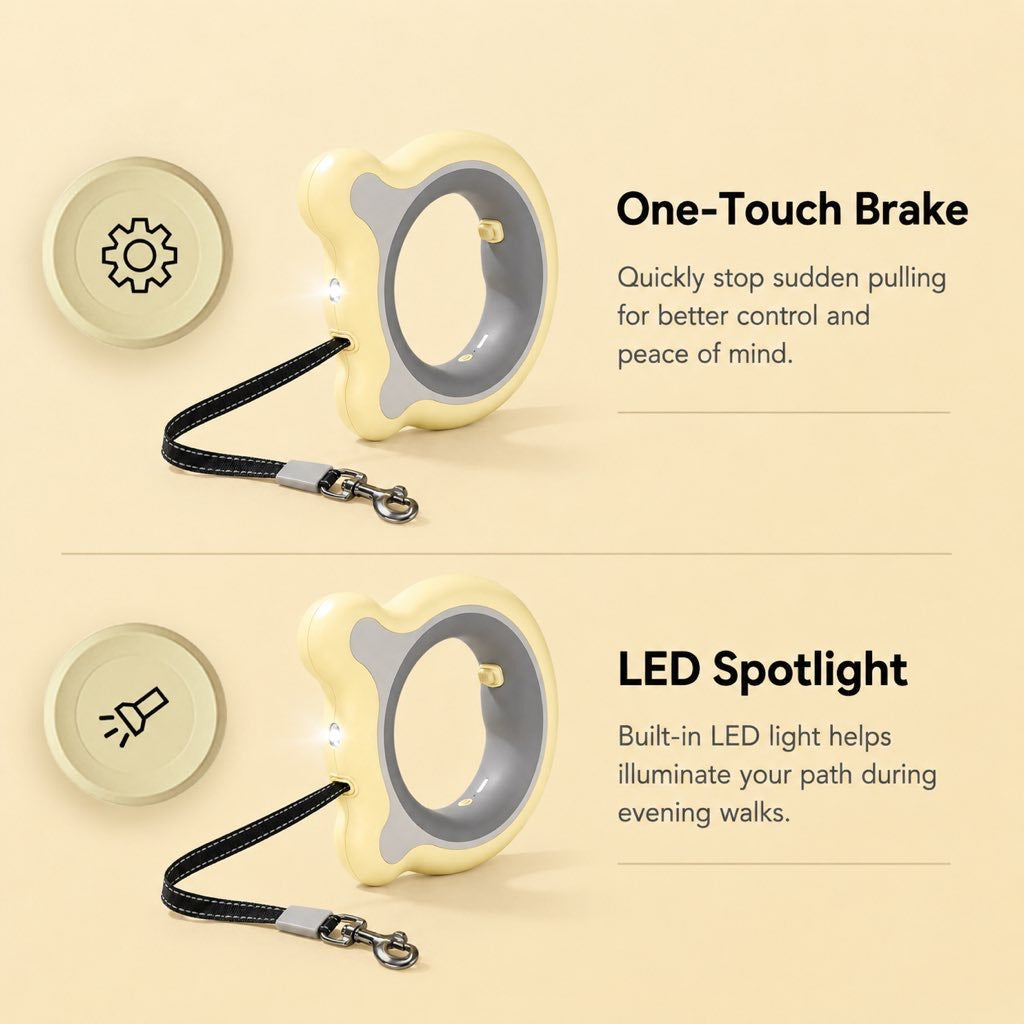 Malloren Retractable Dog Leash for Night Walks & Daily Walks - Optional LED Light, 16ft Reflective Tape & One-Touch Brake for Better Visibility and Control
