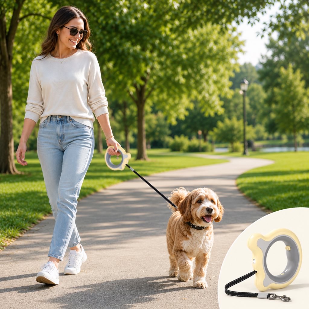Malloren Retractable Dog Leash for Night Walks & Daily Walks - Optional LED Light, 16ft Reflective Tape & One-Touch Brake for Better Visibility and Control