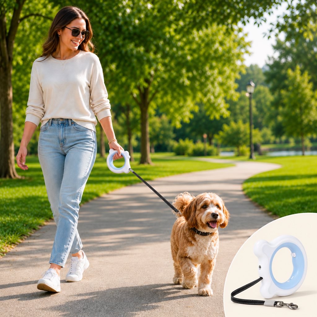 Malloren Retractable Dog Leash for Night Walks & Daily Walks - Optional LED Light, 16ft Reflective Tape & One-Touch Brake for Better Visibility and Control