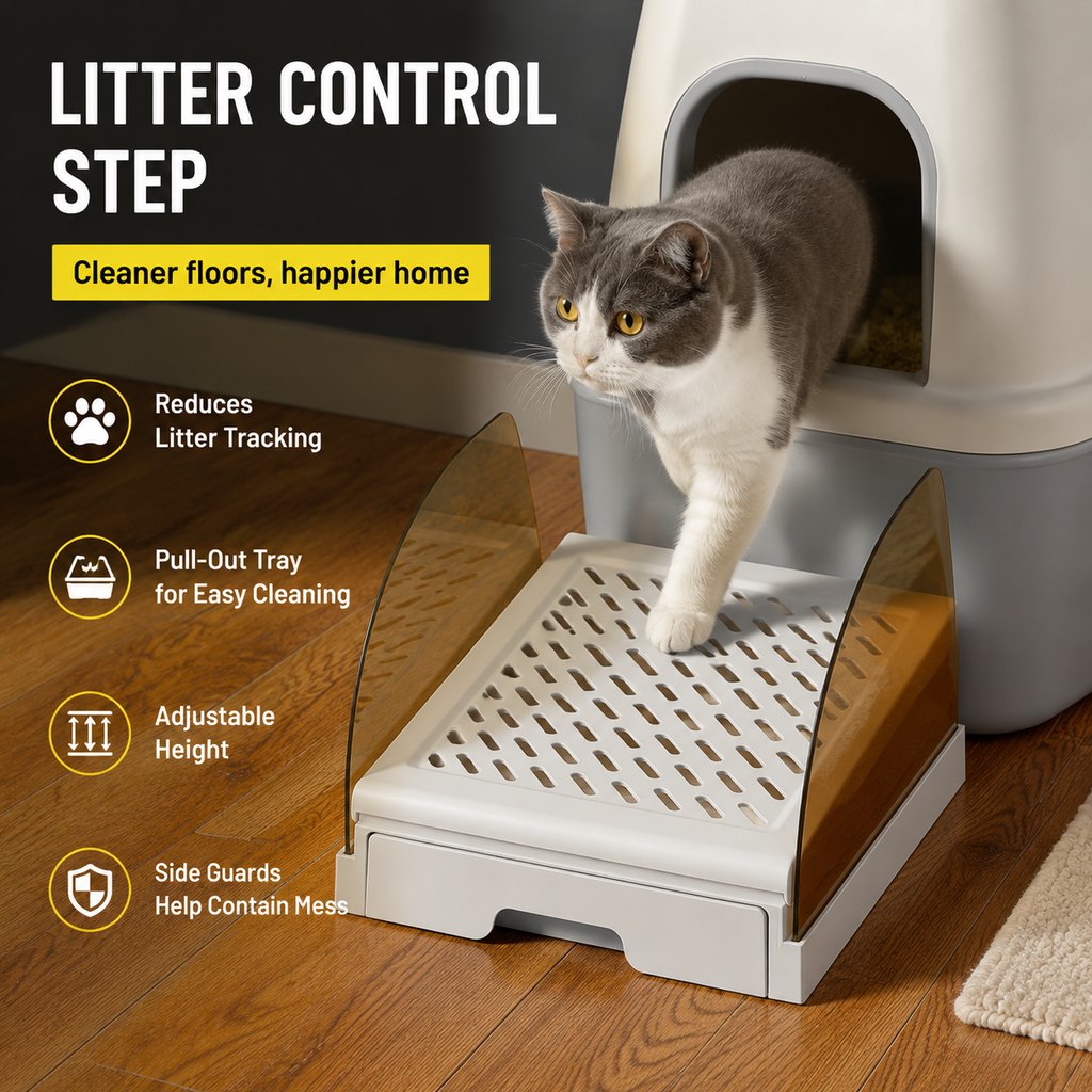 Malloren Adjustable Cat Litter Box Step with Pull-Out Tray for Cleaner Floors