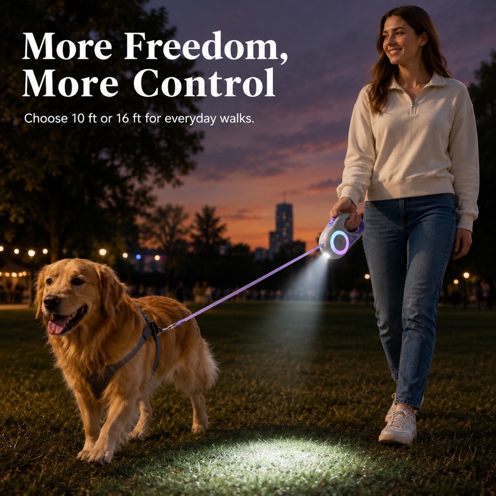 Malloren LED Retractable Dog Leash for Night Walks - Light-Up Dog Leash with Built-In Spotlight, RGB Side Glow & One-Touch Brake for Safer Evening Walks