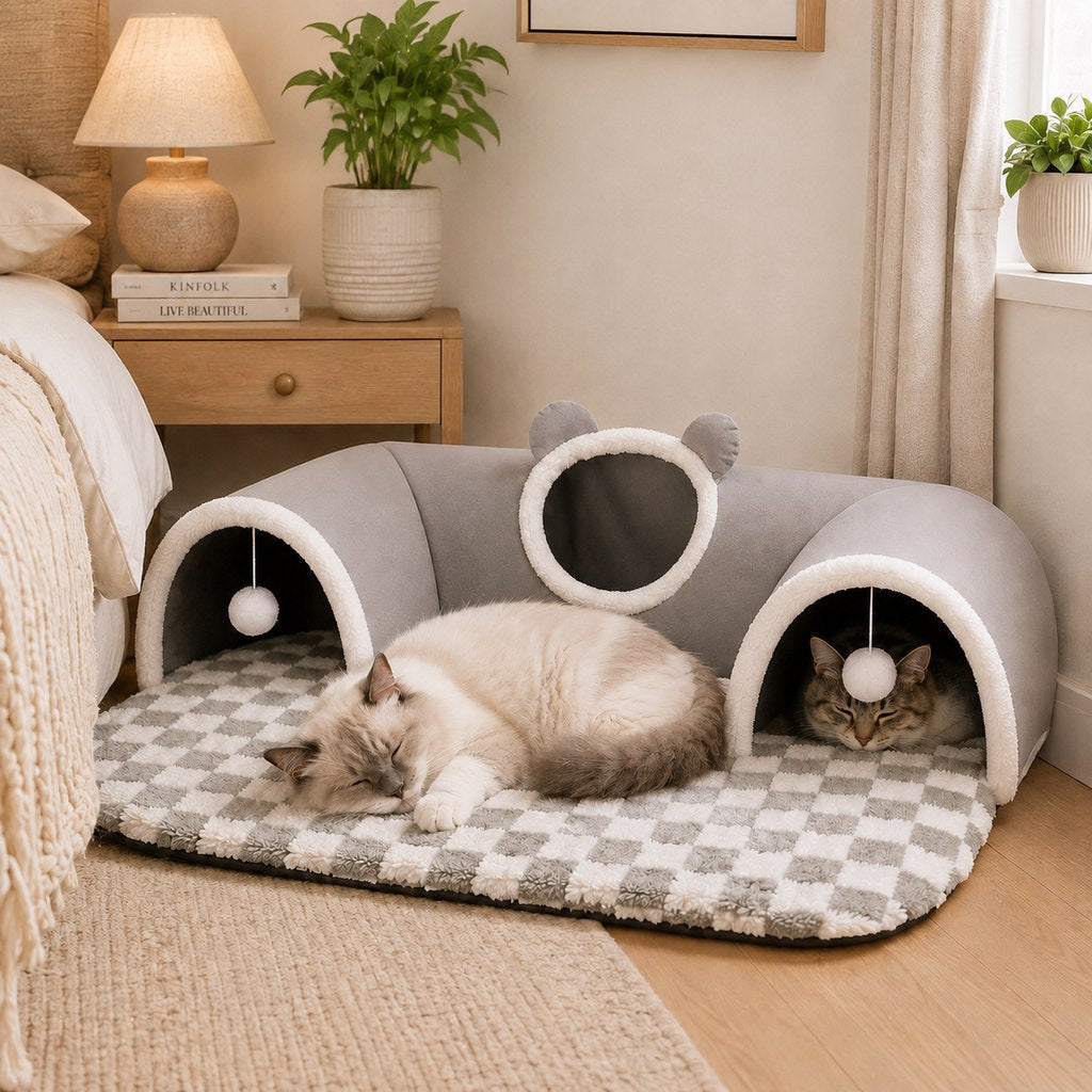 Malloren 3-in-1 Multi-Cat Tunnel Bed & Play Mat for Indoor Cats - Spacious Cozy Hideaway for Shared Rest, Play & Less Bed Competition