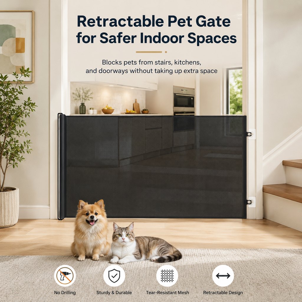 Malloren No-Drill Retractable Pet Gate for Doorways, Kitchens & Stairs - Keep Cats and Dogs Safely Out of Off-Limit Areas
